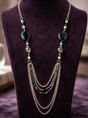 Source Unknown Silver Multi-Strand Necklace with Dark Blue Beads